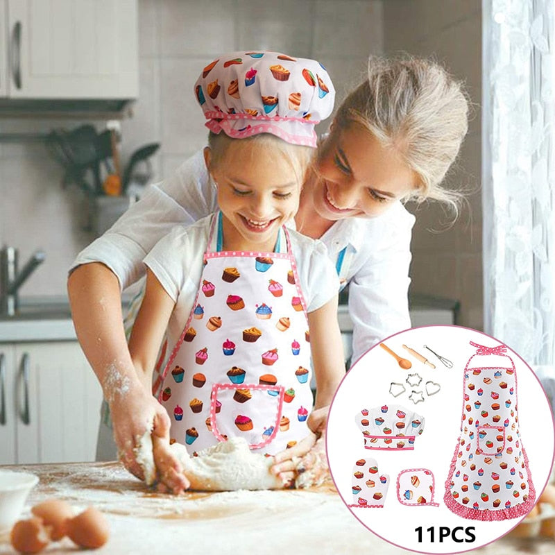 TABLIER CHEF MARMITON ™ | Ensemble de Cuisine pour Enfants | 11 pièces, avec Tablier, Chapeau de Chef, Mitaines | Ustensiles de Cuisine.